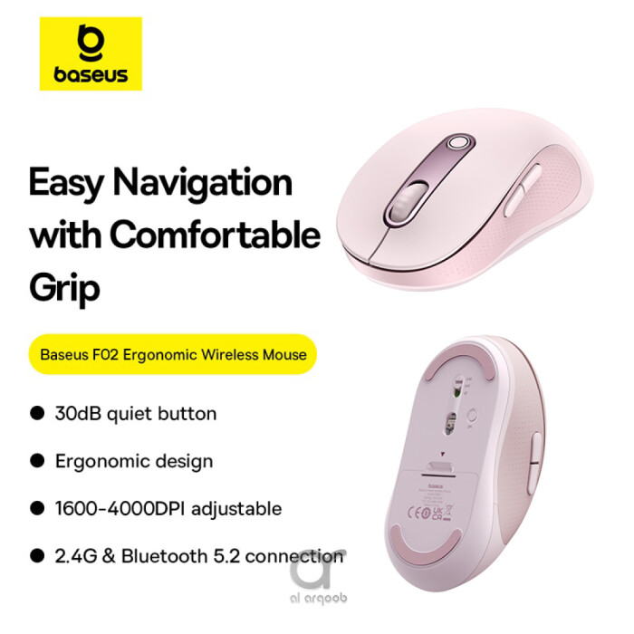 Baseus F02 Ergonomic Dual-Mode Wireless Mouse | Bluetooth 5.2 and 2.4Ghz Connectivity, Silent Buttons, 5 DPI Modes