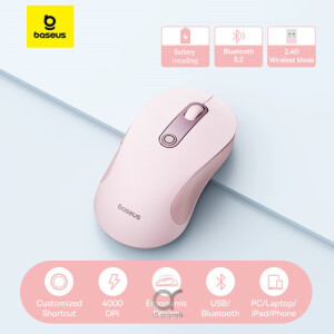 Baseus F02 Ergonomic Dual-Mode Wireless Mouse | Bluetooth 5.2 and 2.4Ghz Connectivity, Silent Buttons, 5 DPI Modes - With Battery - Pink