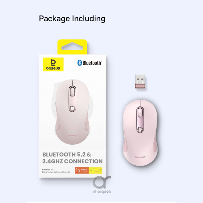 Baseus F02 Ergonomic Dual-Mode Wireless Mouse | Bluetooth 5.2 and 2.4Ghz Connectivity, Silent Buttons, 5 DPI Modes - With Battery - Pink