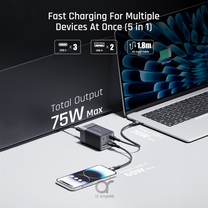 Voltme VITO Go 75W EzTravel 5 in 1 Desktop Charger, 1.8M Power Cable with UK Plug | 3 Type-C, 2 USB-A Port (100W 5A USB-C to C Cable 1.2M included) - Black