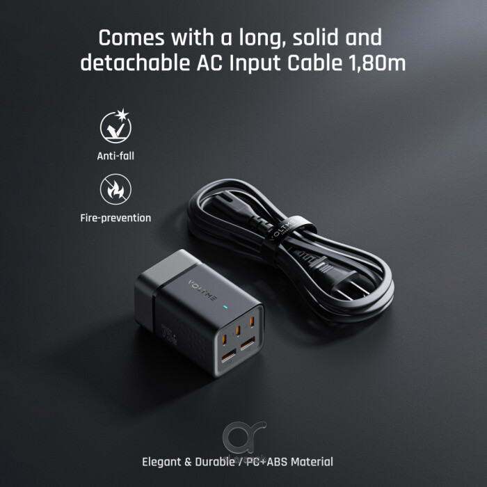 Voltme VITO Go 75W EzTravel 5 in 1 Desktop Charger, 1.8M Power Cable with UK Plug | 3 Type-C, 2 USB-A Port (100W 5A USB-C to C Cable 1.2M included) - Black