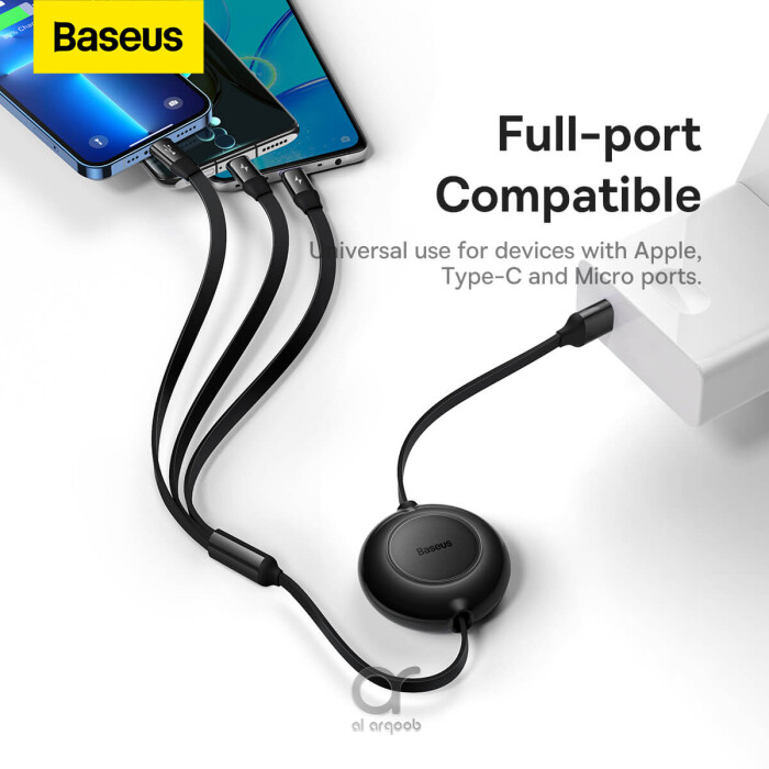 Baseus Bright Mirror 2 Series Retractable Cable | 3 in 1 Fast Charging Data Cable | USB-A to Type-C + Lightning + Micro | 3.5A | 1.1M - Black