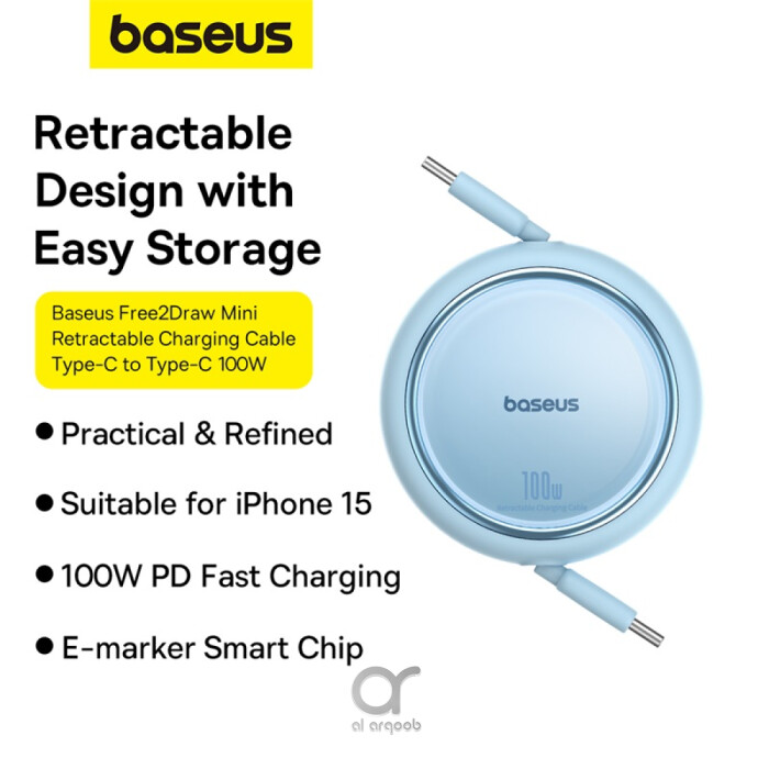 Baseus 100W Free2 Draw Mini Both-Way Retractable Type C to Type C Fast Charging Data Cable 1M - Blue