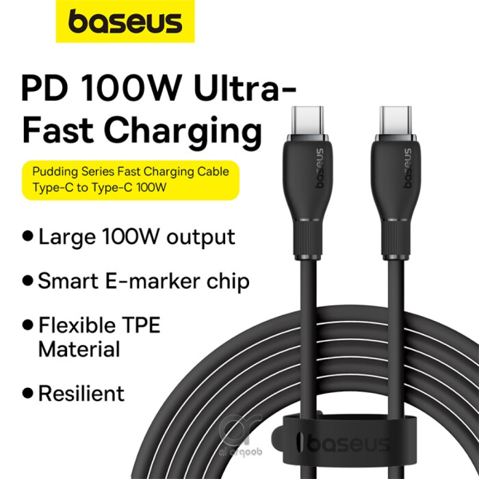 Baseus Pudding Series Fast Charging Cable With High-Speed Data Transmission Type-C to Type-C 100W 5A 1.2M - Black