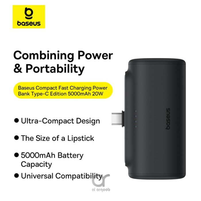 Baseus Compact Series 5000mAh Fast Charging Power Bank 20W PD With Built-in Type-C Connector | Pocket Power Bank for Travel - Black