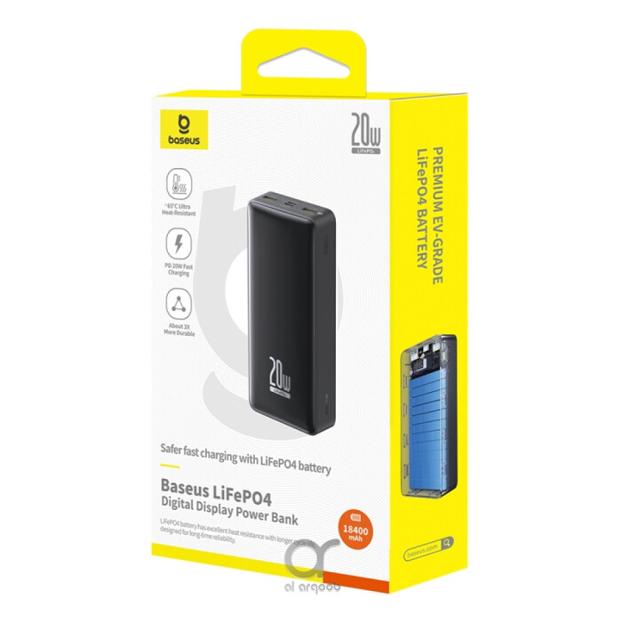 P10071000113-00	Baseus LiFePO4 18400mAh Digital Display Fast Charging Power Bank 20W PD | 2 USB-A + Type-C + Micro Port - Black