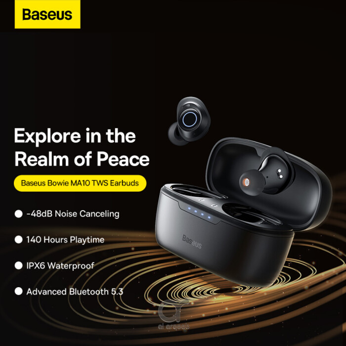 Baseus Bowie MA10 True Wireless Earphones with Active Noise Cancellation, 140H Battery Life, IPX6 Waterproof,  4 ENC Mics, BT 5.3 ANC Earbuds - Black