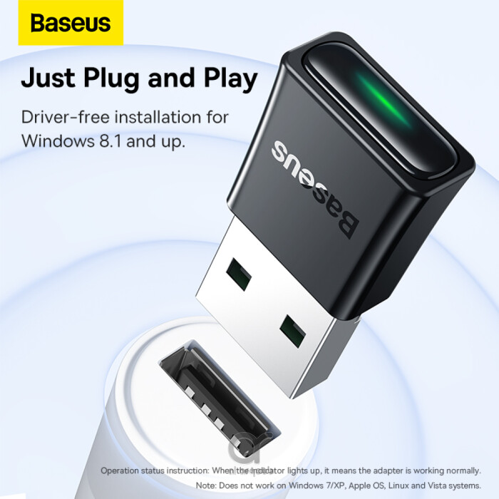 Baseus BA07 Mini Bluetooth Adapter for PC, USB 5.3 Wireless Bluetooth Dongle Receiver - Black