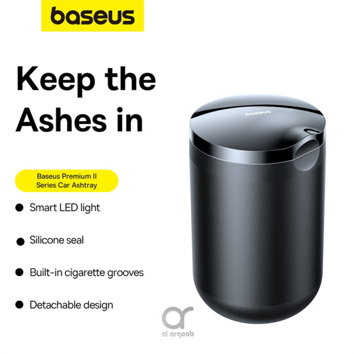 Baseus Premium 2 Series Car Ashtray - Portable Aluminum Alloy Ashtray with Ambient LED Light, and Waterproof Design for Car Cup Holders - Black