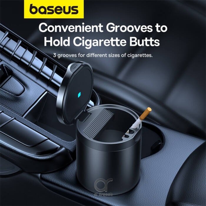 Baseus Premium 2 Series Car Ashtray - Portable Aluminum Alloy Ashtray with Ambient LED Light, and Waterproof Design for Car Cup Holders - Black