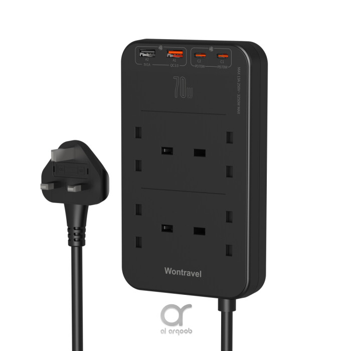 BRAVE BPS-03 70W Flat Plug Power Strip Surge Protector - 8-in-1 Charging Station with 4 UK Outlets, 2 Type-C & 2 USB Ports, 3M Extension Cord, 3250W Max - Black