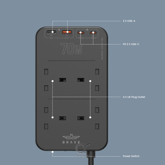 BRAVE BPS-03 70W Flat Plug Power Strip Surge Protector - 8-in-1 Charging Station with 4 UK Outlets, 2 Type-C & 2 USB Ports, 3M Extension Cord, 3250W Max - Black