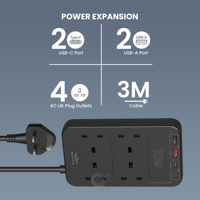 BRAVE BPS-03 70W Flat Plug Power Strip Surge Protector - 8-in-1 Charging Station with 4 UK Outlets, 2 Type-C & 2 USB Ports, 3M Extension Cord, 3250W Max - Black