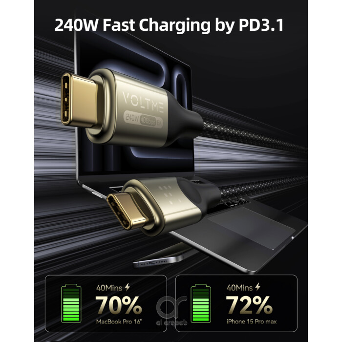 Voltme Powerlink Utron Series USB 4.0 Cable - Type-C to Type-C, 8K/60Hz Video Output, 240W PD Fast Charging, 80Gbps Data Transfer, 5A, 1.2M - Black