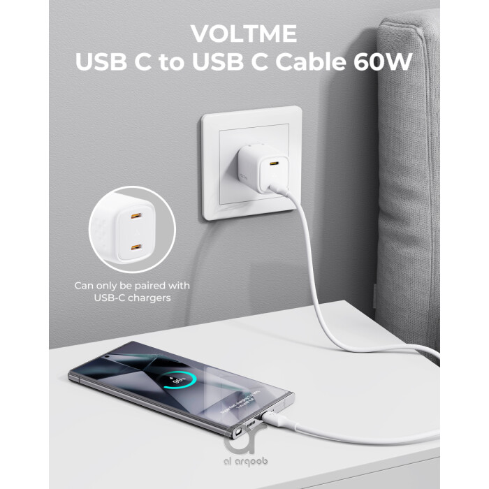 Voltme Powerlink EDC Series Cable Type-C to Type-C Cable 60W PD Super Fast Charging, 480Mbps Data Transfer, 3A, 1.2M - White