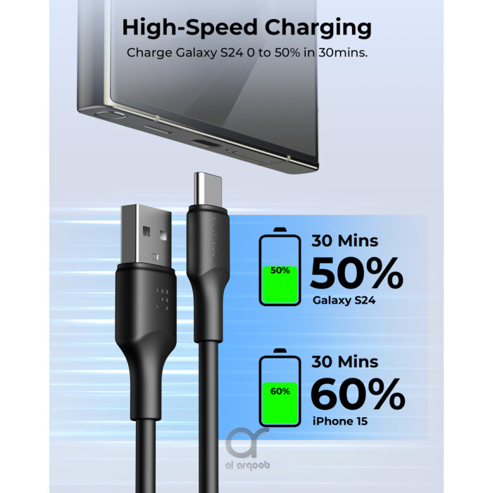 Voltme Powerlink EDC Series USB-A to Type-C Cable 60W PD Super Fast Charging, 480Mbps Data Transfer, 3A, 2M - Black