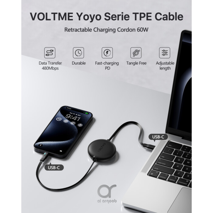 Voltme Powerlink YoYo Retractable Type-C to Type-C Cable - 60W PD 3.0 Super Fast Charging, Dual-Way, 3A, 1M - Black