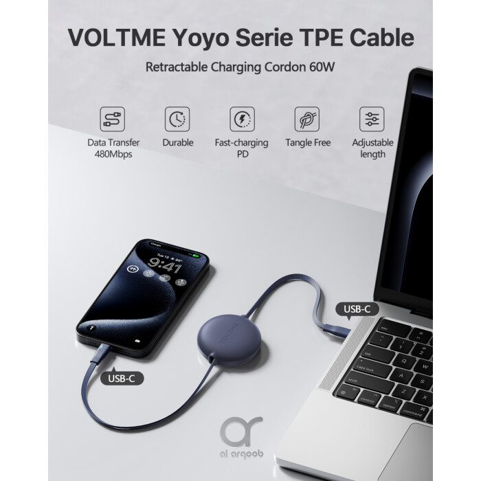 Voltme Powerlink YoYo Retractable Type-C to Type-C Cable - 60W PD 3.0 Super Fast Charging, Dual-Way, 3A, 1M - Navy Blue