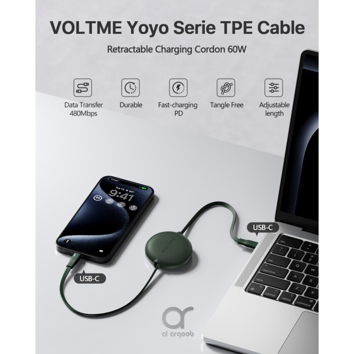 Voltme Powerlink YoYo Retractable Type-C to Type-C Cable - 60W PD 3.0 Super Fast Charging, Dual-Way, 3A, 1M - Green