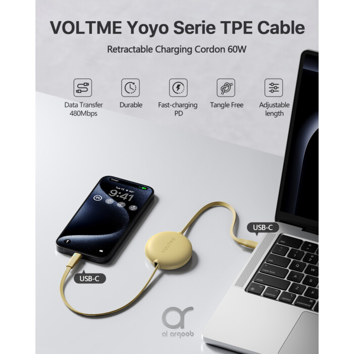 Voltme Powerlink YoYo Retractable Type-C to Type-C Cable - 60W PD 3.0 Super Fast Charging, Dual-Way, 3A, 1M - Yellow