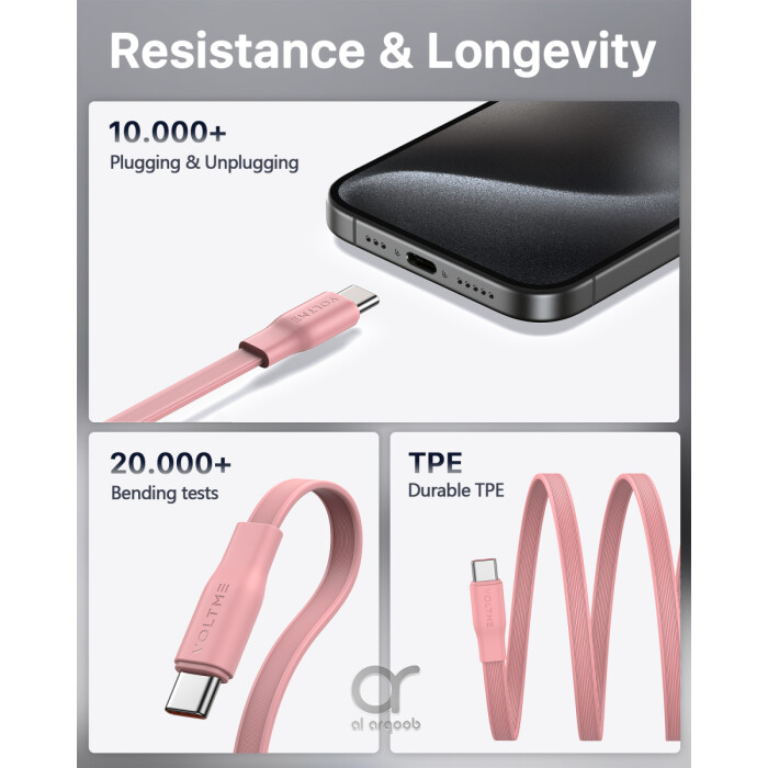 Voltme Powerlink YoYo Retractable Type-C to Type-C Cable - 60W PD 3.0 Super Fast Charging, Dual-Way, 3A, 1M - Pink