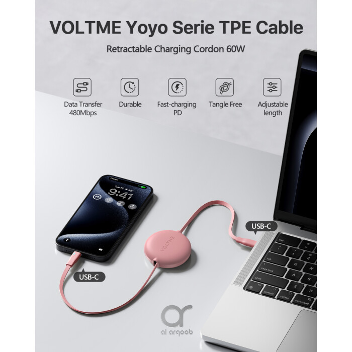 Voltme Powerlink YoYo Retractable Type-C to Type-C Cable - 60W PD 3.0 Super Fast Charging, Dual-Way, 3A, 1M - Pink