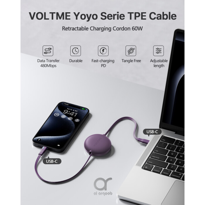 Voltme Powerlink YoYo Retractable Type-C to Type-C Cable - 60W PD 3.0 Super Fast Charging, Dual-Way, 3A, 1M - Purple