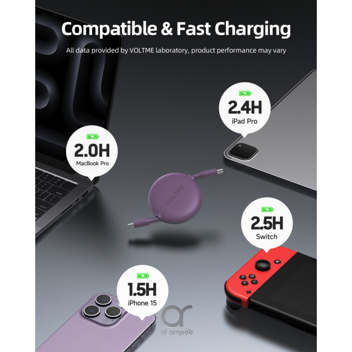 Voltme Powerlink YoYo Retractable Type-C to Type-C Cable - 100W PD 3.0 Super Fast Charging, Dual-Way, 5A, 1M - Purple