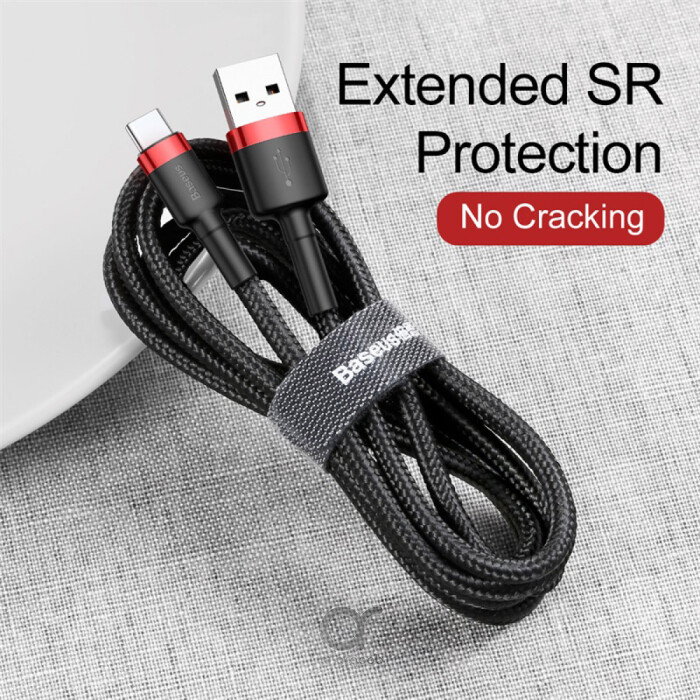 Baseus Cafule Series USB-A to Type-C Cable - 2A Fast Charging & 480Mbps High-Speed Data Transfer, Nylon Braided, 2M - Black