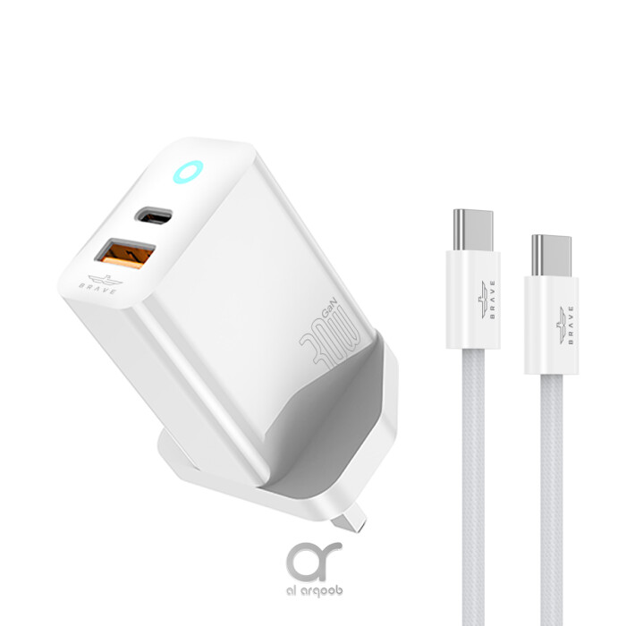 Brave 30W GaN Dual Port Fast Wall Charger Type-C + USB-A With 60W Fast Type-C to C Cable - White