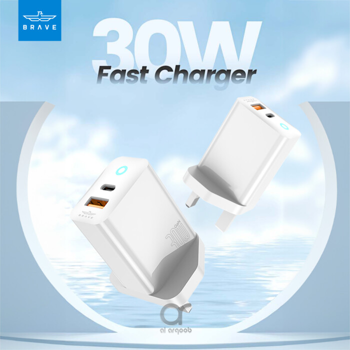 Brave 30W GaN Dual Port Fast Wall Charger Type-C + USB-A With 60W Fast Type-C to C Cable - White