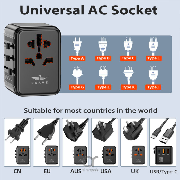 Brave Universal Travel Adapter with GaN Fast Charging - 2 USB-A QC 3.0 & 20W PD 3A Type-C Port, BTC-36 - Black