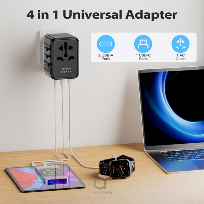 Brave Universal Travel Adapter with GaN Fast Charging - 2 USB-A QC 3.0 & 20W PD 3A Type-C Port, BTC-36 - Black