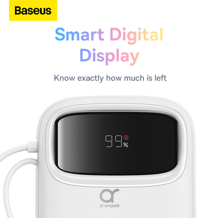 Baseus QPow2 10000mAh Digital Display Fast Charge Power Bank 22.5W With Built-in Dual-Cable Lightning And Type-C  - White