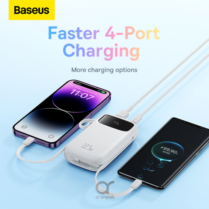 Baseus QPow2 10000mAh Digital Display Fast Charge Power Bank 22.5W With Built-in Dual-Cable Lightning And Type-C  - White