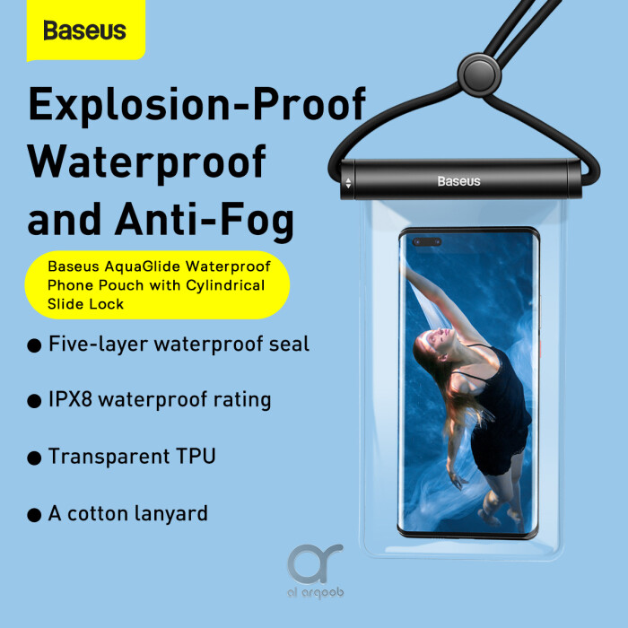 Baseus AquaGlide Waterproof Phone Pouch With Cylindrical Slide Lock, IPX8 Certified for Phones Up to 7.2" - Black