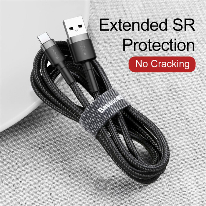 Baseus Cafule Series USB-A to Type-C Cable - 3A Fast Charge & 480Mbps High-Speed Data Transfer, Nylon Braided, 1M - Black