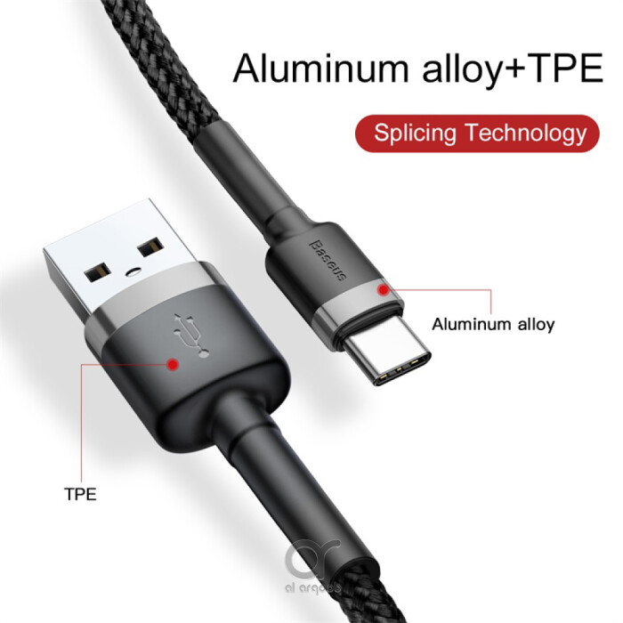 Baseus Cafule Series USB-A to Type-C Cable - 3A Fast Charge & 480Mbps High-Speed Data Transfer, Nylon Braided, 1M - Black