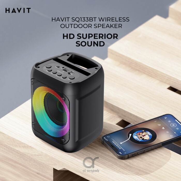 HAVIT SQ133BT Portable Bluetooth Speaker - RGB Lights, TWS, 4” Driver, BT5.2, 8W RMS Output , 2000mAh Battery, Mic Input/USB/SD/AUX/FM Support - Black