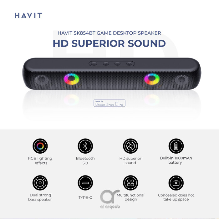 HAVIT SK854BT TWS Bluetooth Soundbar Speaker - RGB Lights, HD Superior Sound, 1800mAh Battery, Microphone, Type-C Charging, FM/AUX/MicroSD/USB - Black