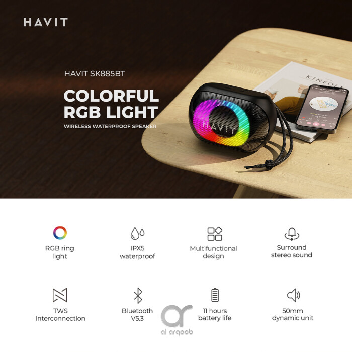 Havit SK885BT Bluetooth Speaker - RGB Lights, IPX5 Waterproof, Portable Stereo Sound, 1800mAh Battery, Microphone, TWS, USB, AUX, MicroSD - Black