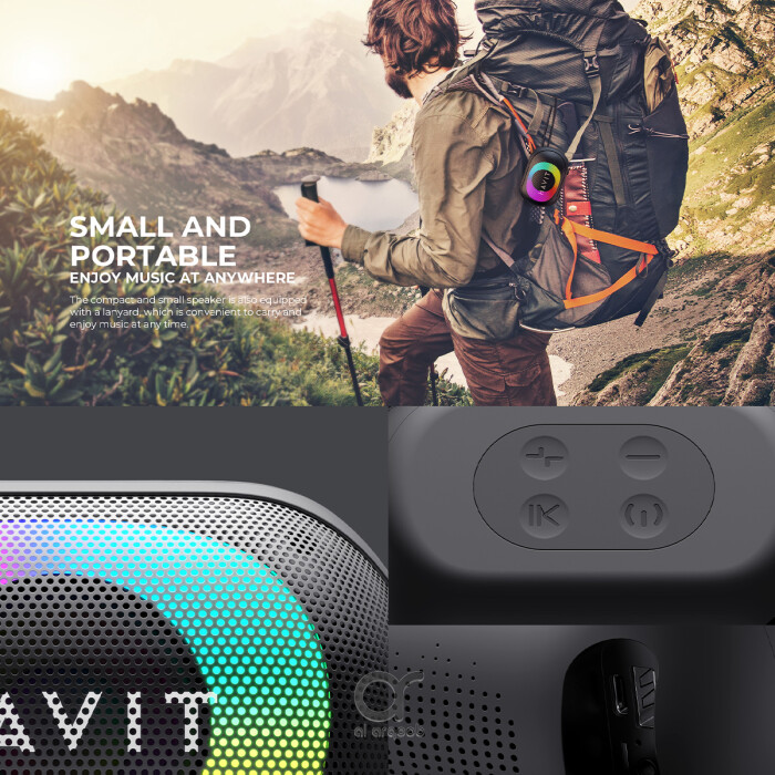 Havit SK885BT Bluetooth Speaker - RGB Lights, IPX5 Waterproof, Portable Stereo Sound, 1800mAh Battery, Microphone, TWS, USB, AUX, MicroSD - Black