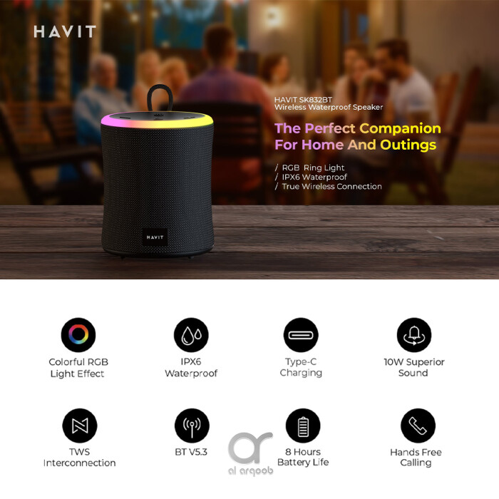 Havit SK832BT Bluetooth Speaker – RGB Lights, Powerful Stereo Sound, Waterproof, 1800mAh Battery, Built-in Microphone, TWS, USB, AUX, MicroSD - Black