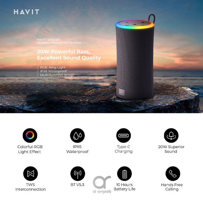 Havit SK833BT Bass Waterproof Bluetooth Speaker – RGB Lights, Powerful Stereo Sound, 2000mAh Battery, Built-in Mic, TWS, USB, AUX, MicroSD - Black