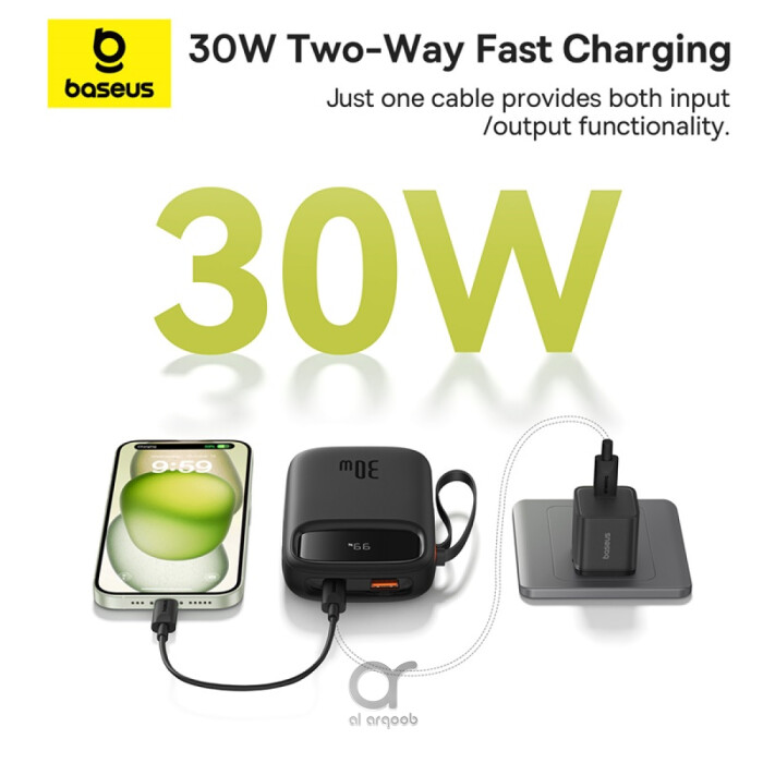 Baseus QPow2 10000mAh Digital Display Fast Charge Power Bank 30W With Built-in Dual Type-C Cable - Black