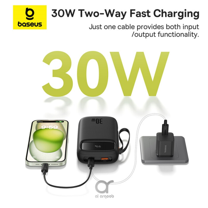 Baseus QPow2 20000mAh Digital Display Fast Charge Power Bank 30W With Built-in Dual Type-C Cable - Black