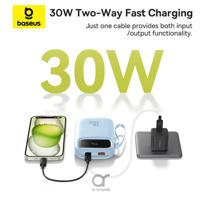 Baseus QPow2 20000mAh Digital Display Fast Charge Power Bank 30W With Built-in Dual Type-C Cable - Blue