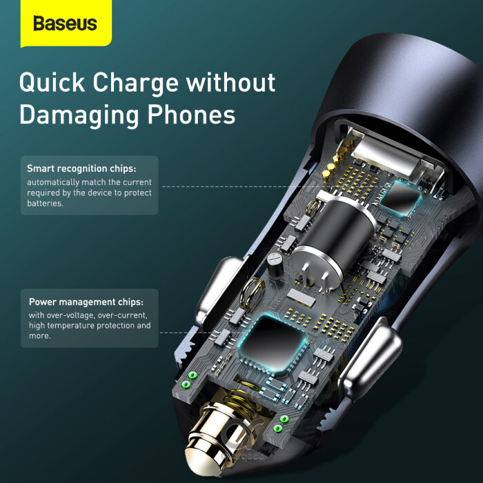 Baseus Golden Contactor Pro Dual Quick Charger Car Charger USB-A + Type-C 40W (With Baseus Simple Series Cable USB-A to Type-C 5A 1M) - Grey