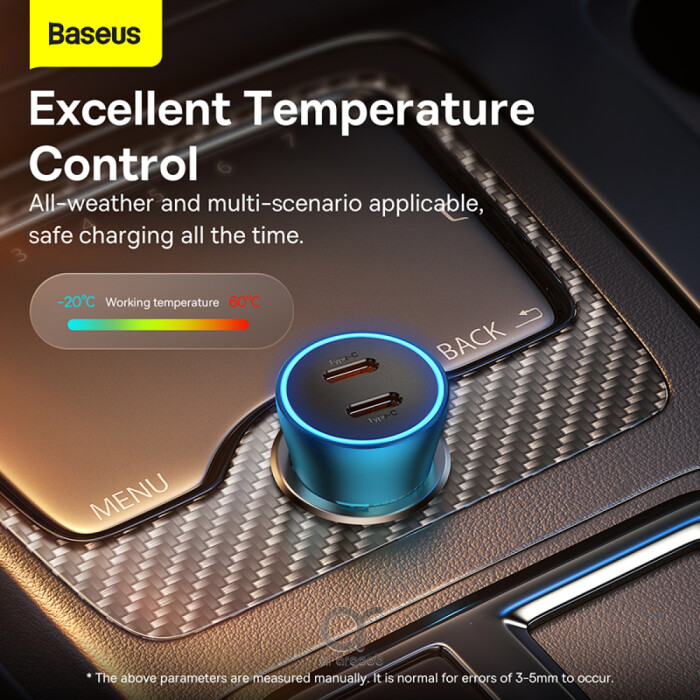 Baseus Golden Contactor Pro Dual Type-C Car Charger 40W - Fast Charging, Intelligent Temperature Control, Multiple Protections - Blue