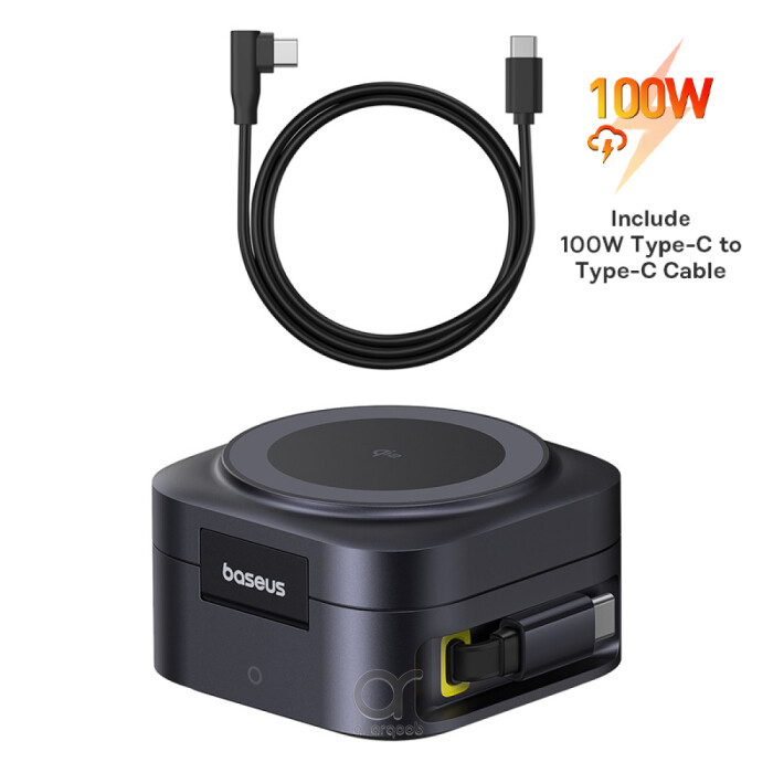 Baseus PicoGo Series 2-in-1 Magnetic Wireless Charging Stand Qi2, 15W MagSafe Charger & 67W Retractable Cable for MacBook Pro with 100W C Cable- Black